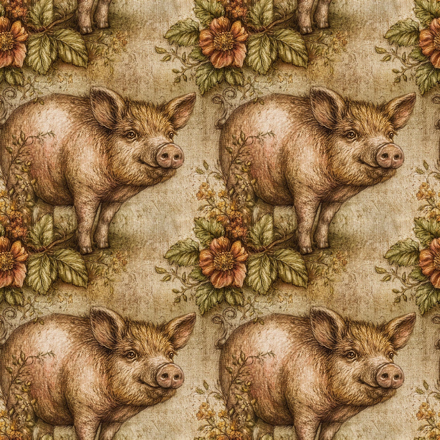 Primitive Folk Art Pig Fabric - Shop now at American Fabric Prints