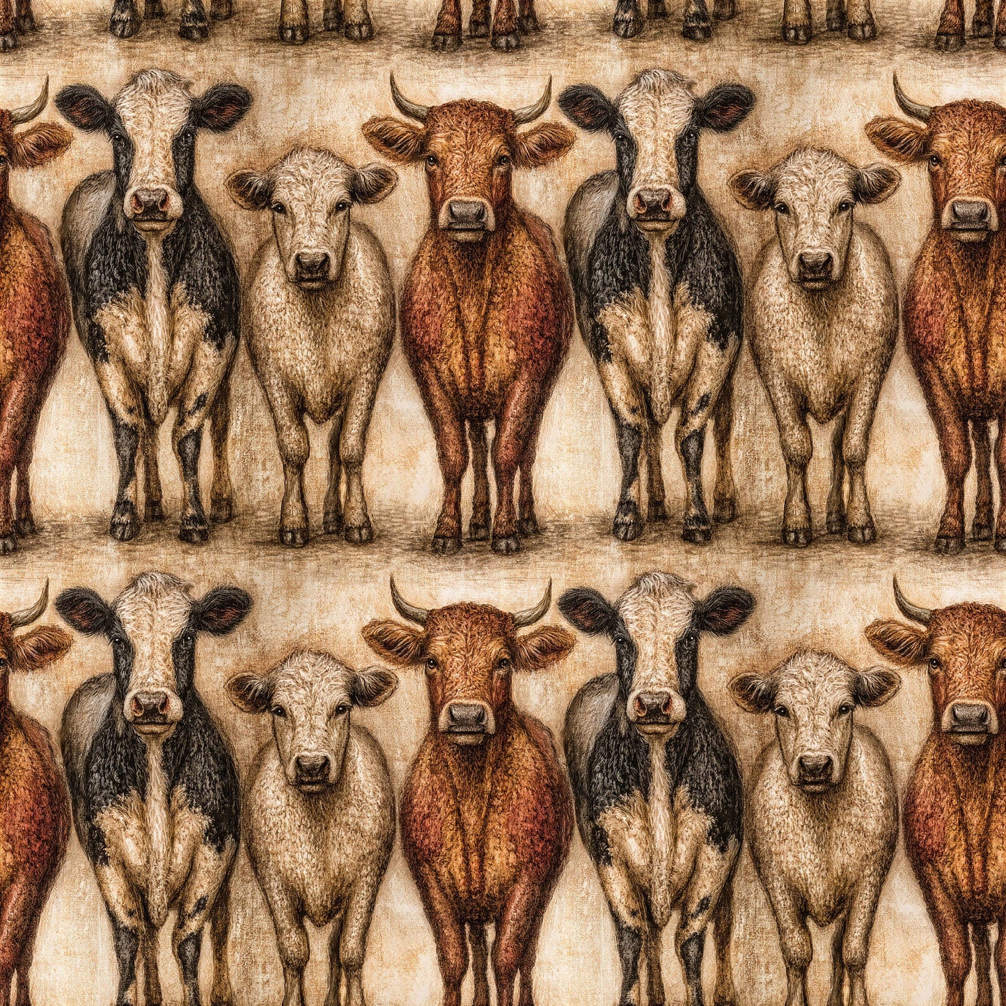 Primitive Folk Art Cattle Fabric - Shop now at American Fabric Prints