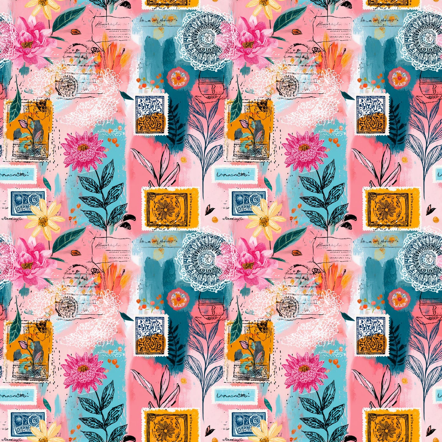 Boho Collage Stamps Fabric - Shop now at American Fabric Prints