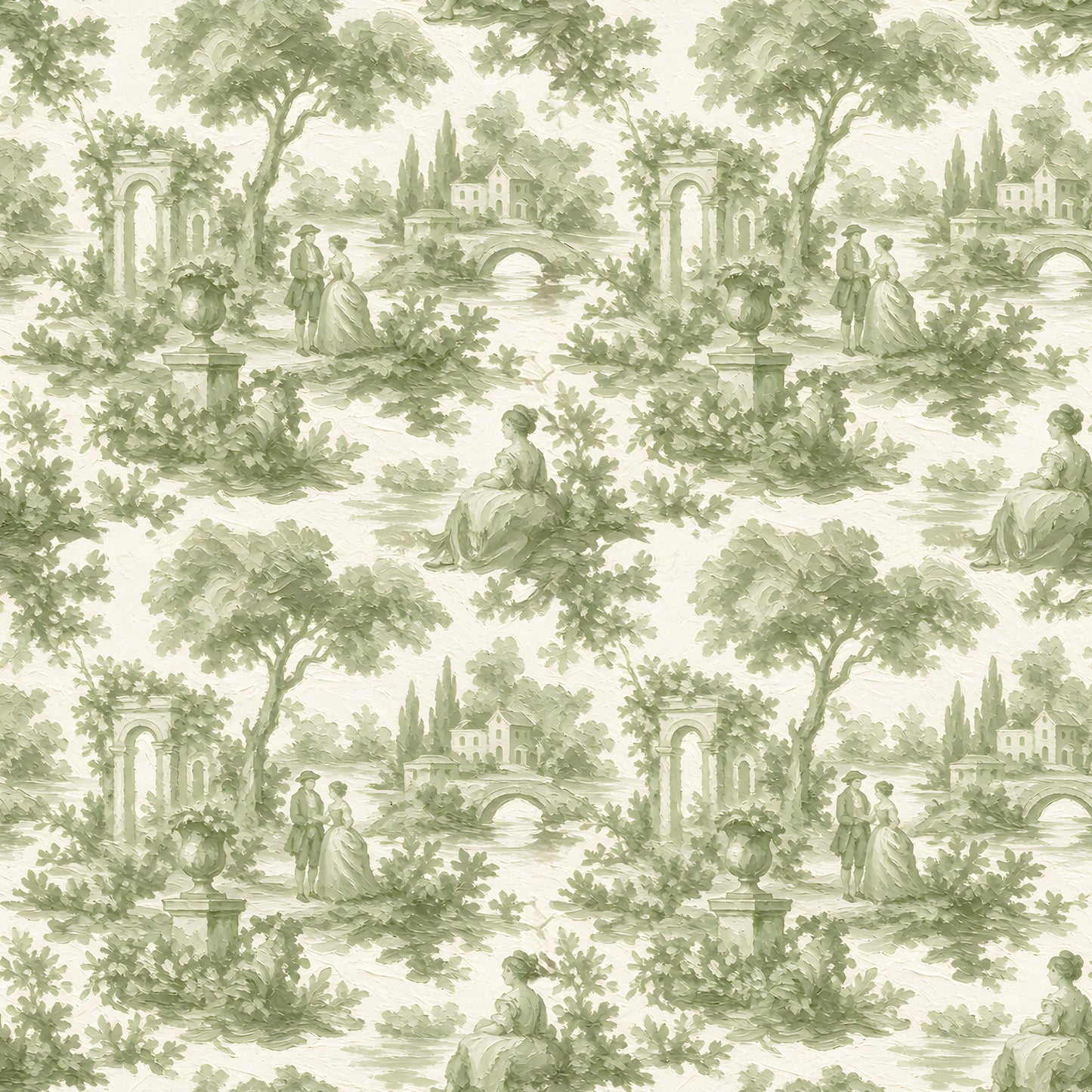 Green Garden Couple Toile de Jouy Fabric - Shop now at American Fabric Prints