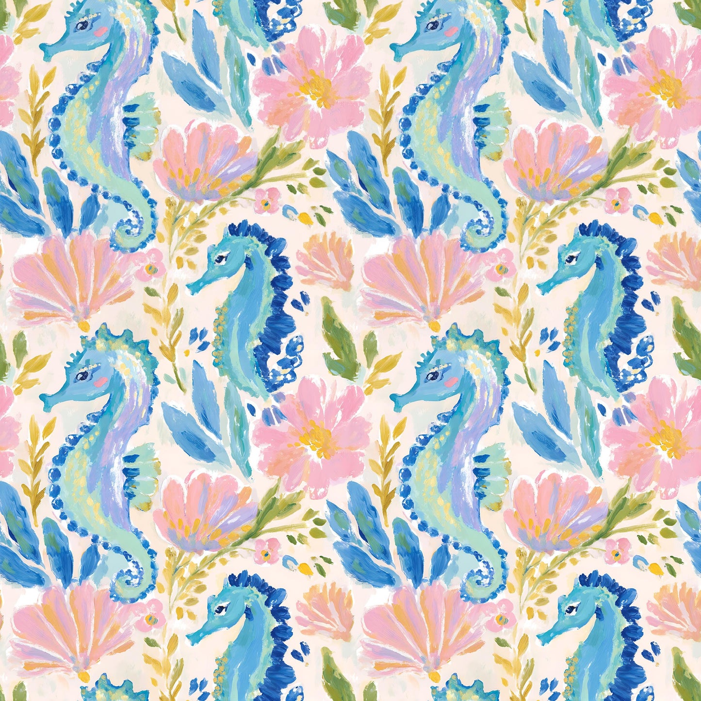 Bright Preppy Beach Seahorses Fabric - Shop now at American Fabric Prints