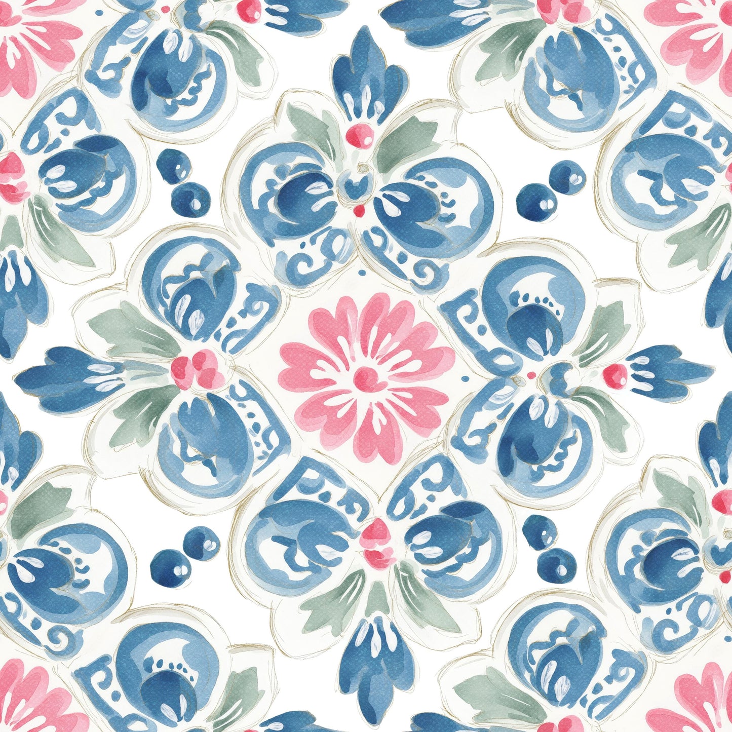 Watercolor Tile in Blue and Pink Fabric - Shop now at American Fabric Prints