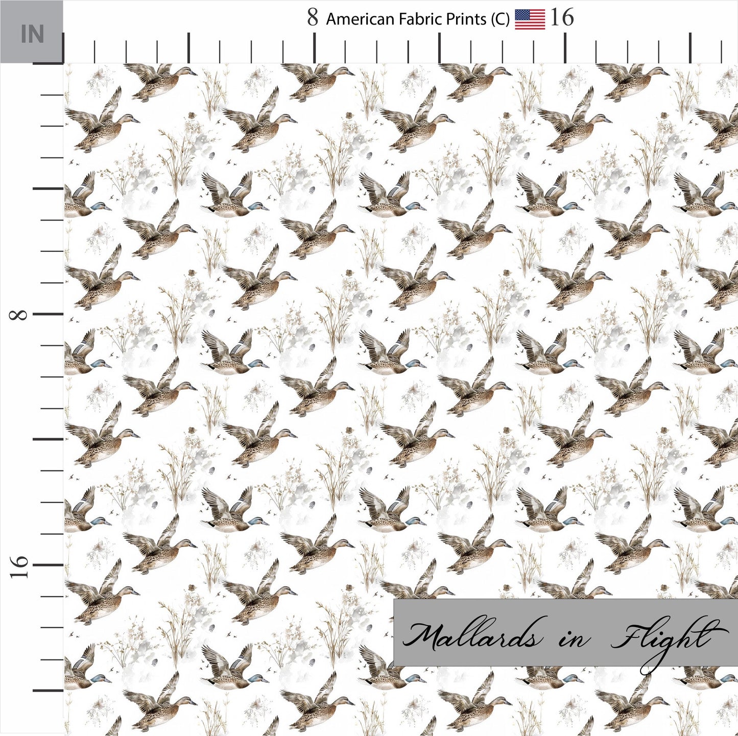 Mallards in Flight on cotton fabric. Shop now at American Fabric Prints.