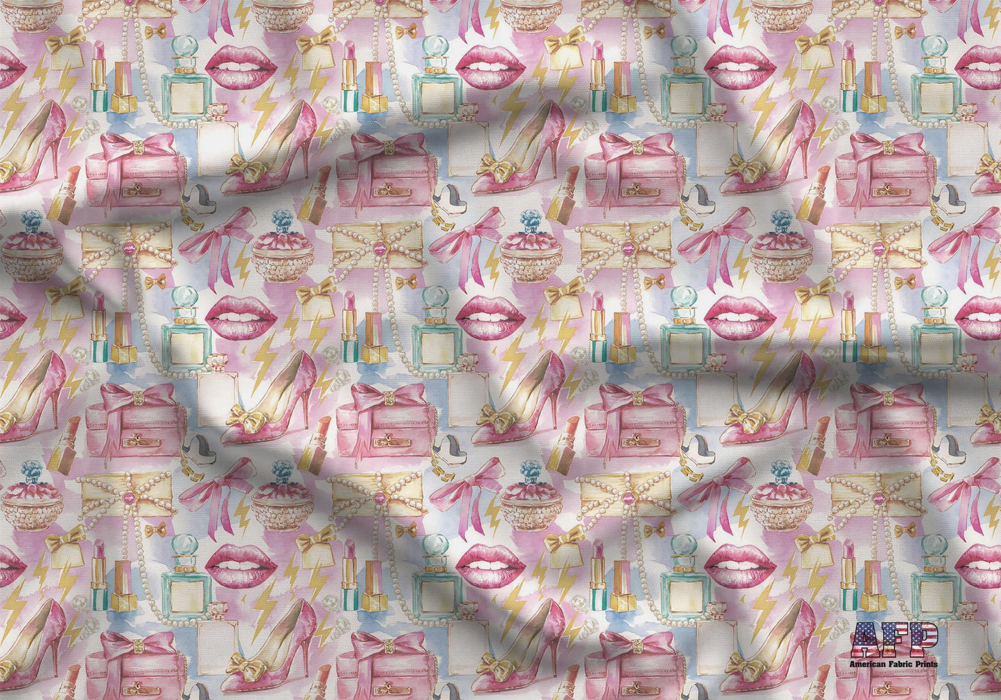 Preppy Rock Princess Fabric - Quilting Cotton Print - Pink High Heels Lipstick and Gold Lightning Bolts - by American Fabric Prints