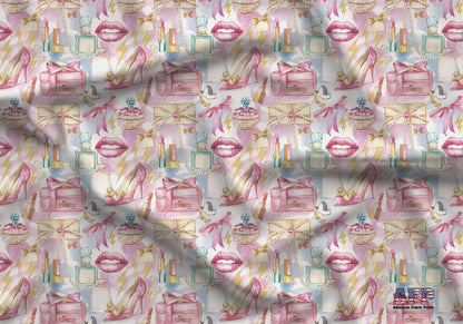 Preppy Rock Princess Fabric - Quilting Cotton Print - Pink High Heels Lipstick and Gold Lightning Bolts - by American Fabric Prints