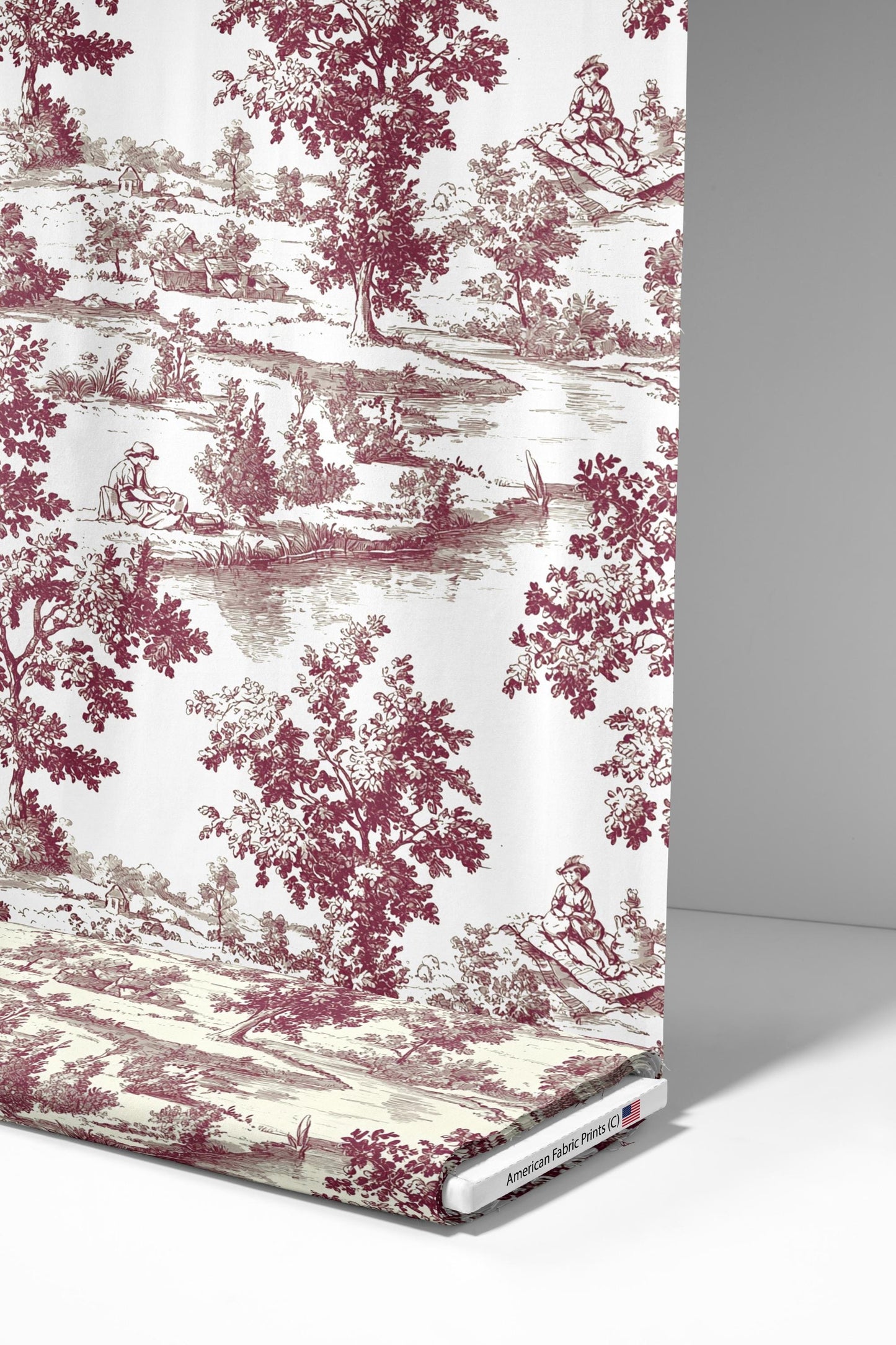 Burgundy Toile De Jouy Made in the USA by American Fabric Prints. Shop now at American Fabric Prints.