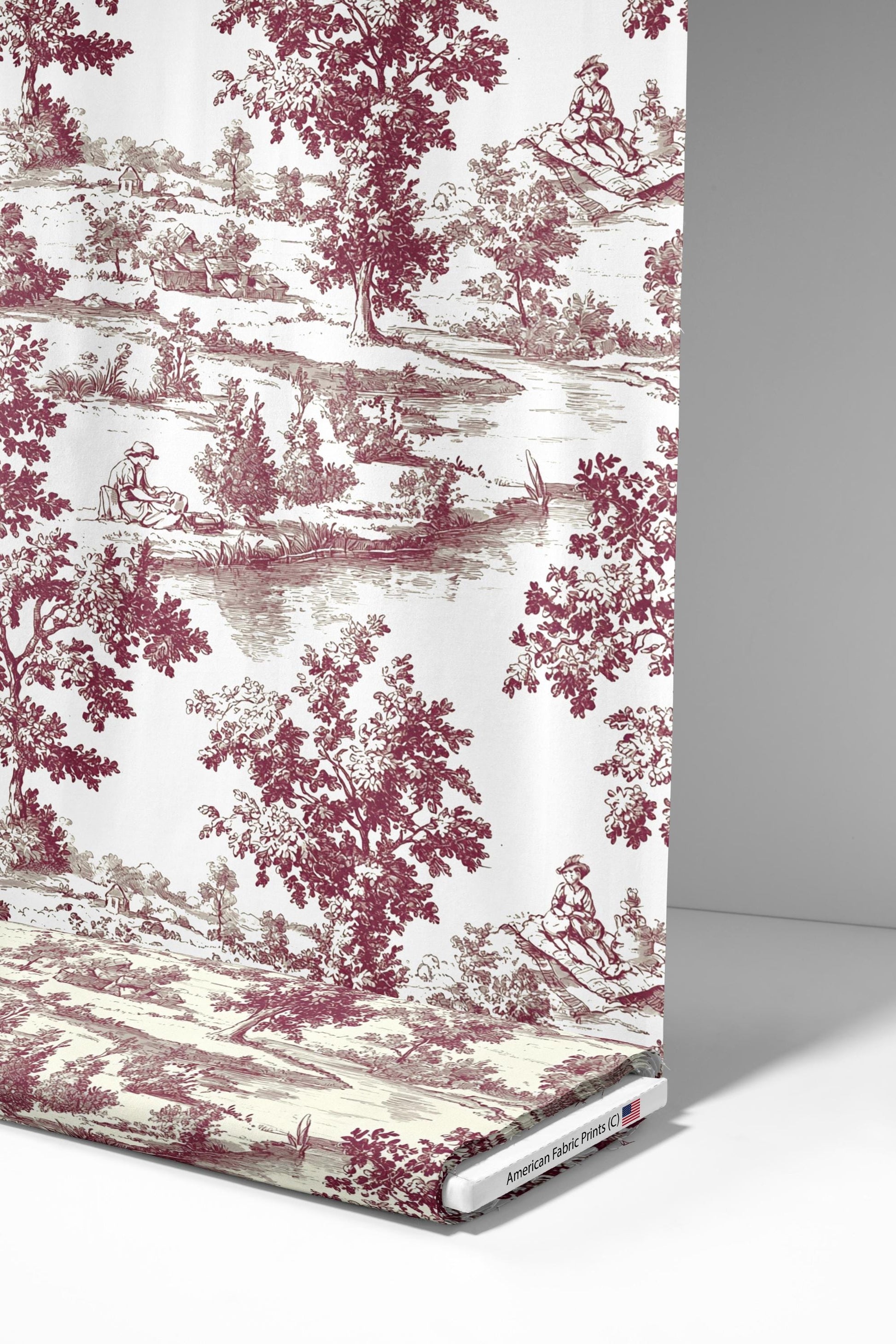 Burgundy Toile De Jouy Made in the USA by American Fabric Prints. Shop now at American Fabric Prints.