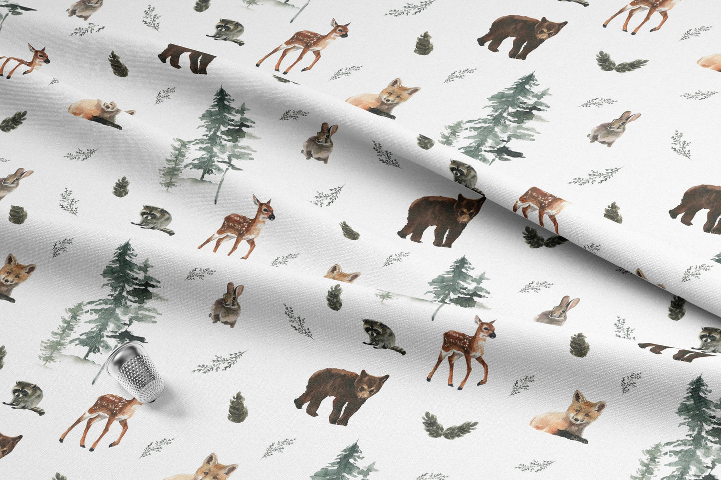 Woodland Animals Fabric featuring Bears, Deers, Foxes, Raccoons, and Rabbits. Made in the USA. Shop now at American Fabric Prints.
