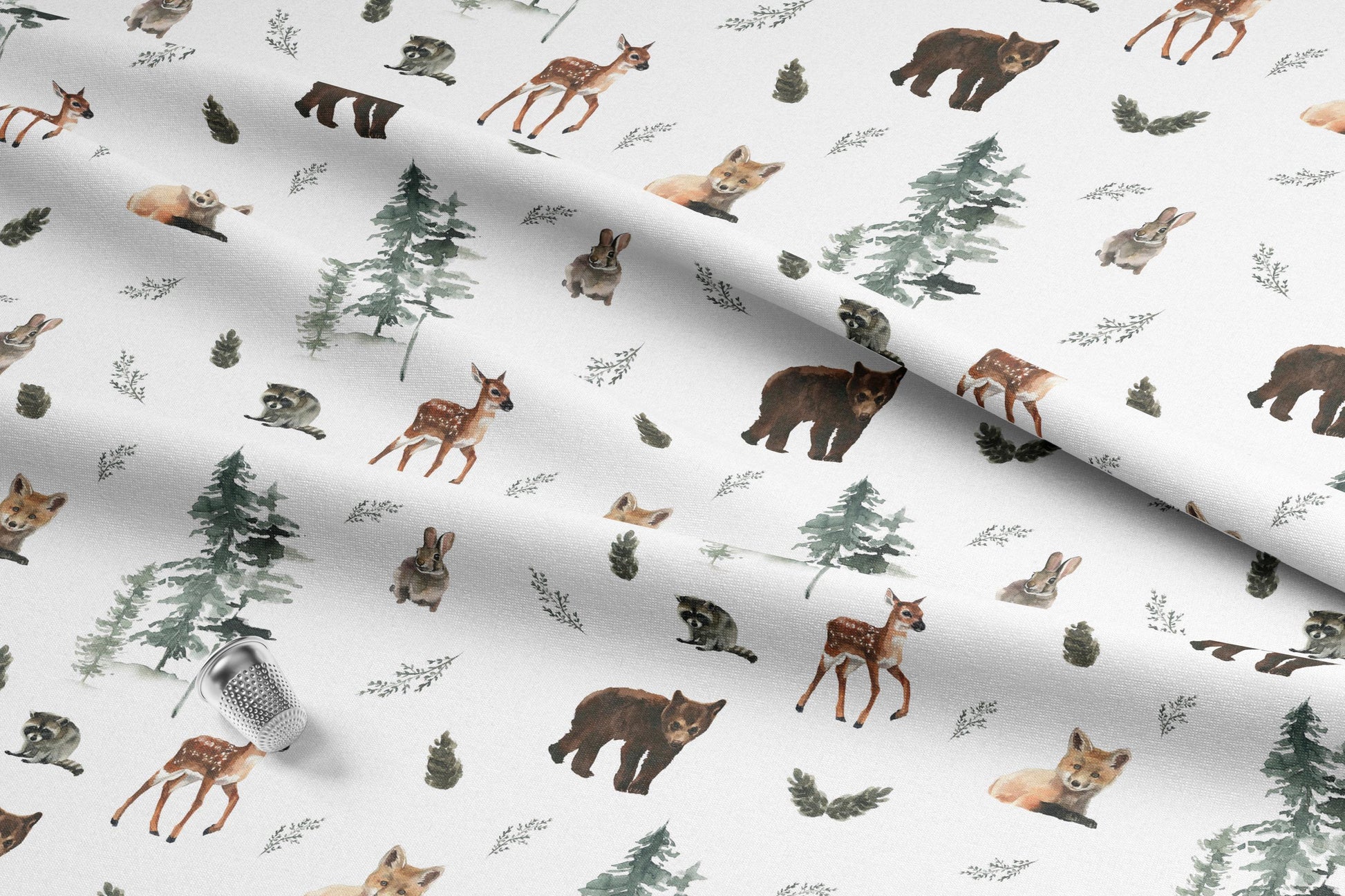 Woodland Animals Fabric featuring Bears, Deers, Foxes, Raccoons, and Rabbits. Made in the USA. Shop now at American Fabric Prints.