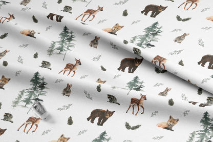 Woodland Animals Fabric featuring Bears, Deers, Foxes, Raccoons, and Rabbits. Made in the USA. Shop now at American Fabric Prints.