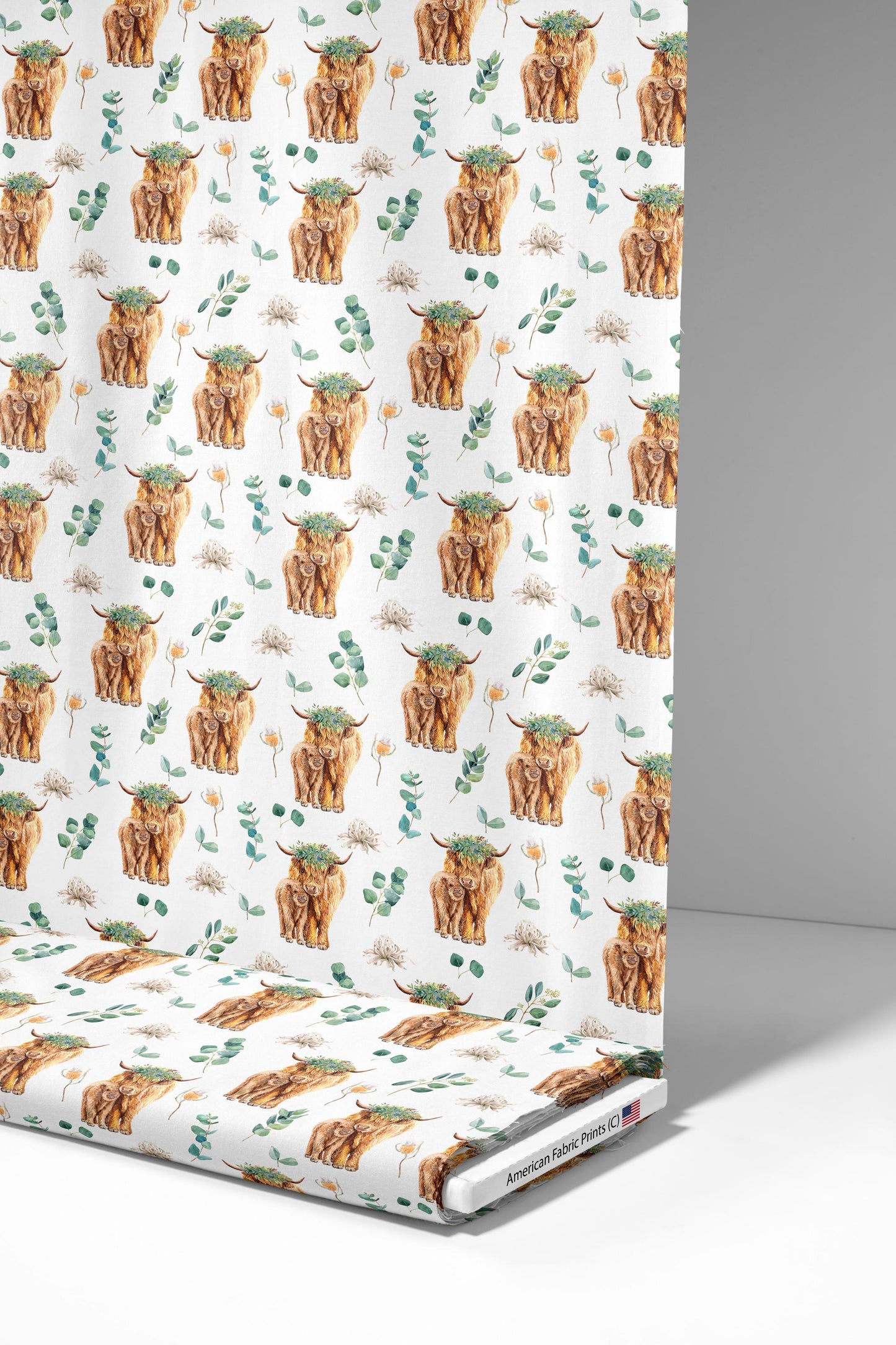 Highland Cow Mama and Baby with Eucalyptus Florals. Quilting Cotton Fabric. Shop now at American Fabric Prints.