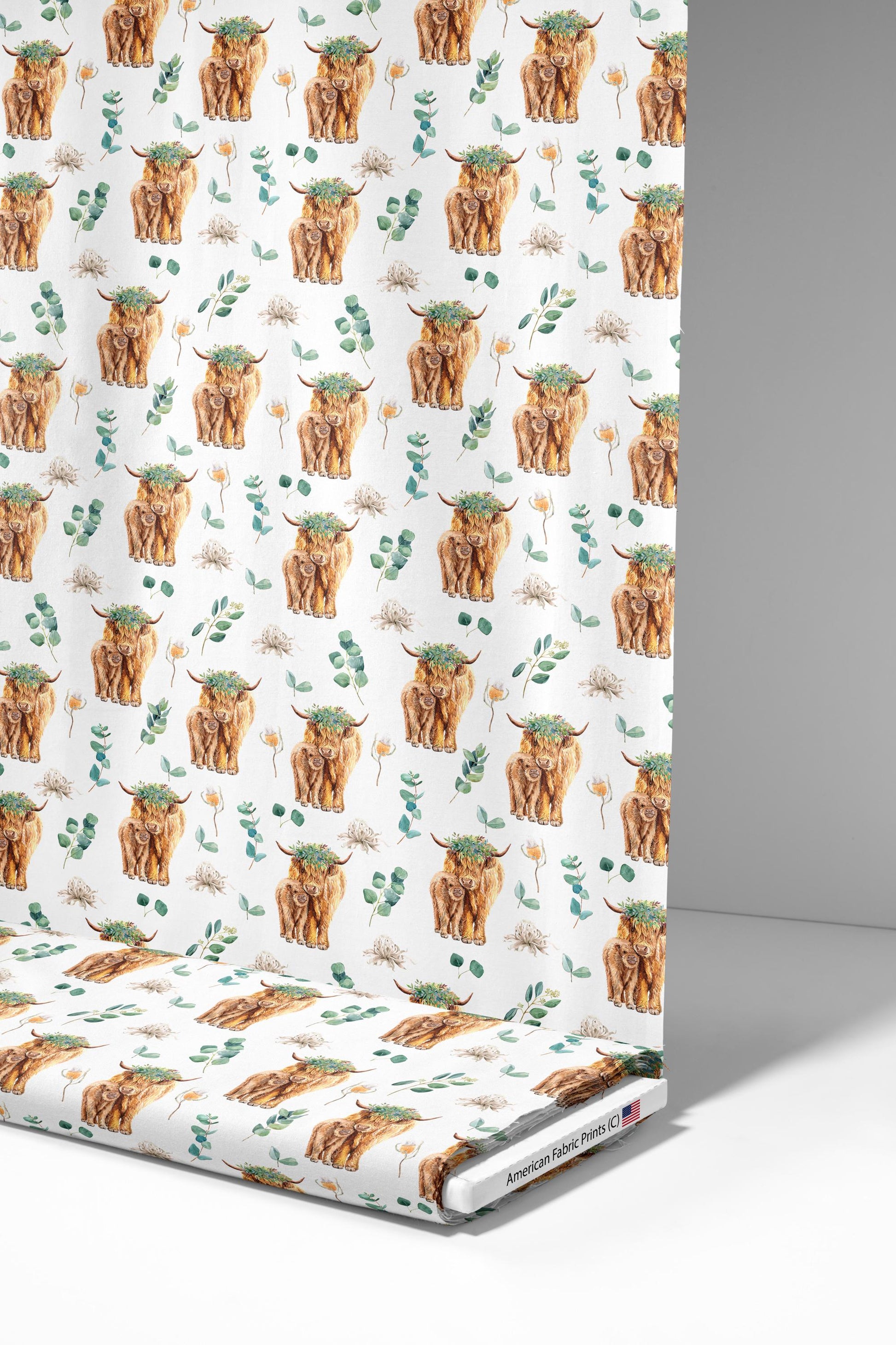 Highland Cow Mama and Baby with Eucalyptus Florals. Quilting Cotton Fabric. Shop now at American Fabric Prints.