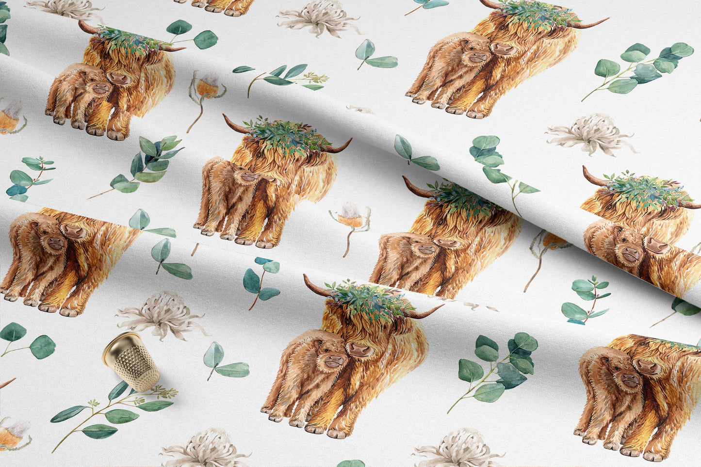 Highland Cow Mama and Baby with Eucalyptus Florals. Quilting Cotton Fabric. Shop now at American Fabric Prints.