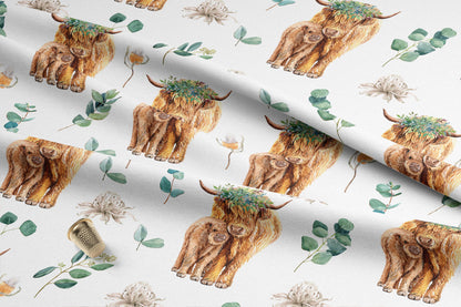 Highland Cow Mama and Baby with Eucalyptus Florals. Quilting Cotton Fabric. Shop now at American Fabric Prints.