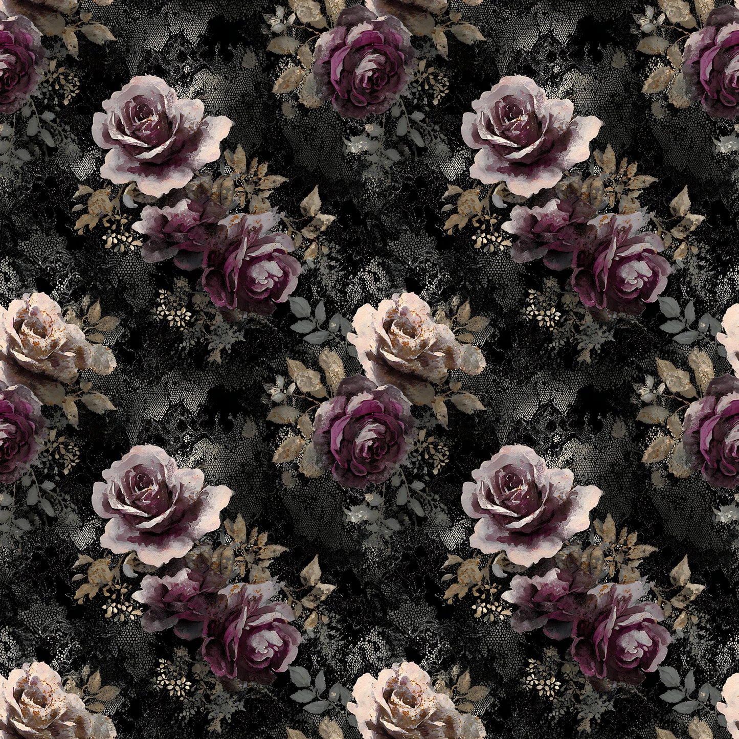 Romantic Victorian Goth Fabric - Quilting Cotton Print - Black, Burgundy, Dusty Mauve Roses - by American Fabric Prints