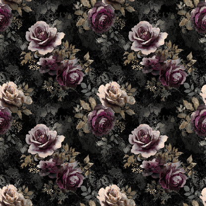 Romantic Victorian Goth Fabric - Quilting Cotton Print - Black, Burgundy, Dusty Mauve Roses - by American Fabric Prints