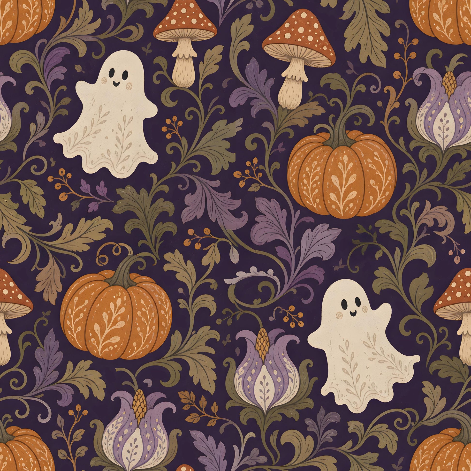 Halloween Damask Ghost and Pumpkins Fabric - Shop now at American Fabric Prints