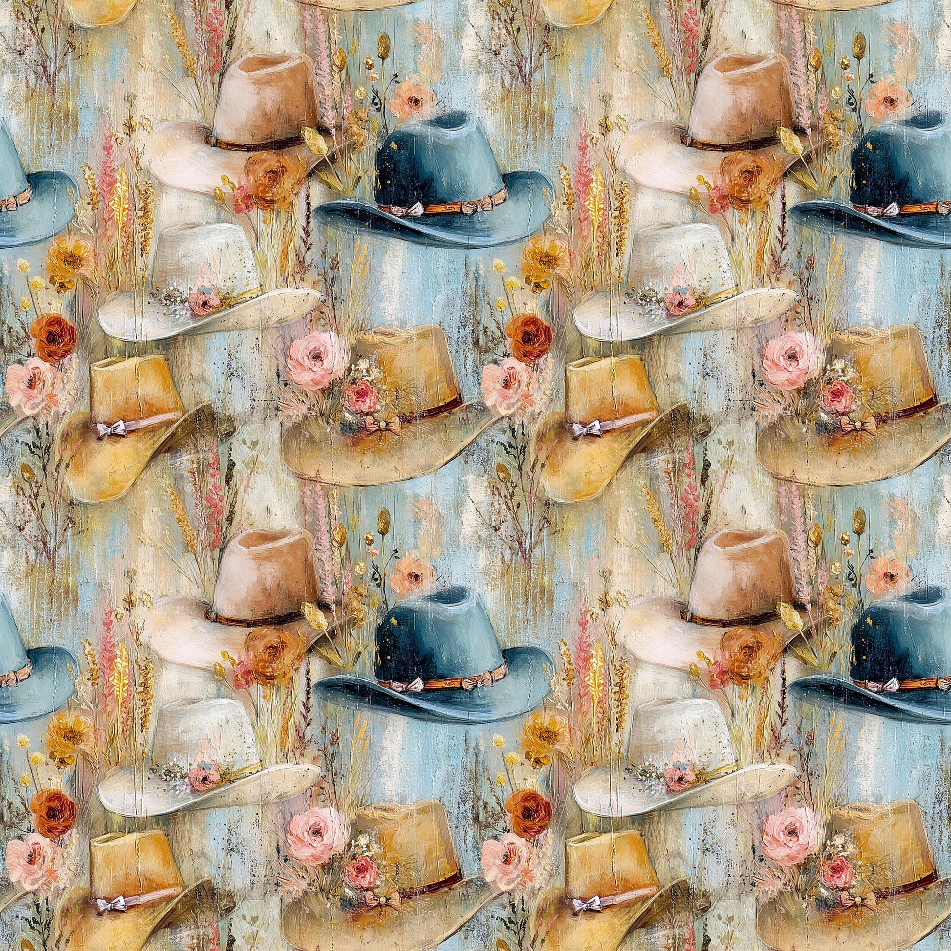 Coquette Cowgirl Painted Hats Fabric - Shop now at American Fabric Prints