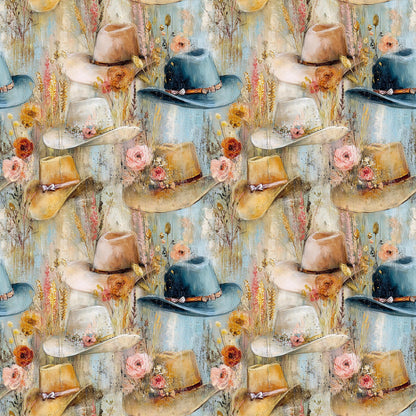 Coquette Cowgirl Painted Hats Fabric - Shop now at American Fabric Prints