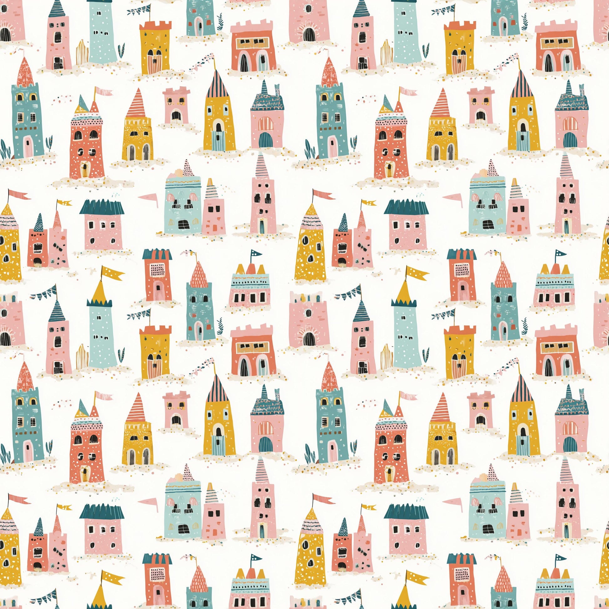 Folk Art Sand Castles Fabric - Shop now at American Fabric Prints