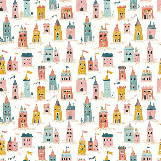 Folk Art Sand Castles Fabric - Shop now at American Fabric Prints