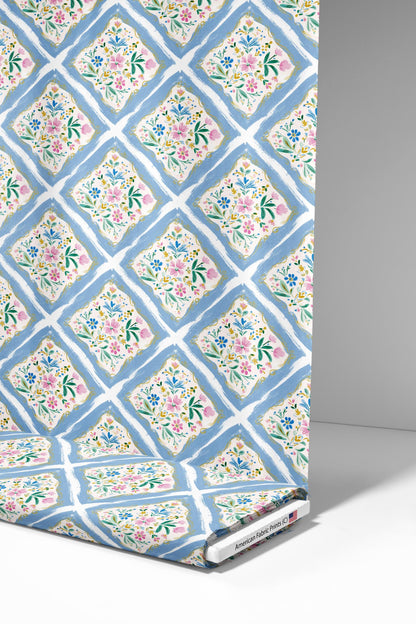 Blue Lattice Tile Fabric - Shop now at American Fabric Prints