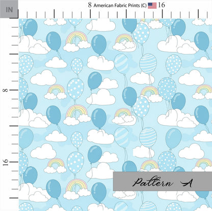 Hot Air Balloons, Clouds, and Rainbows Cotton Fabric. Shop now at American Fabric Prints.