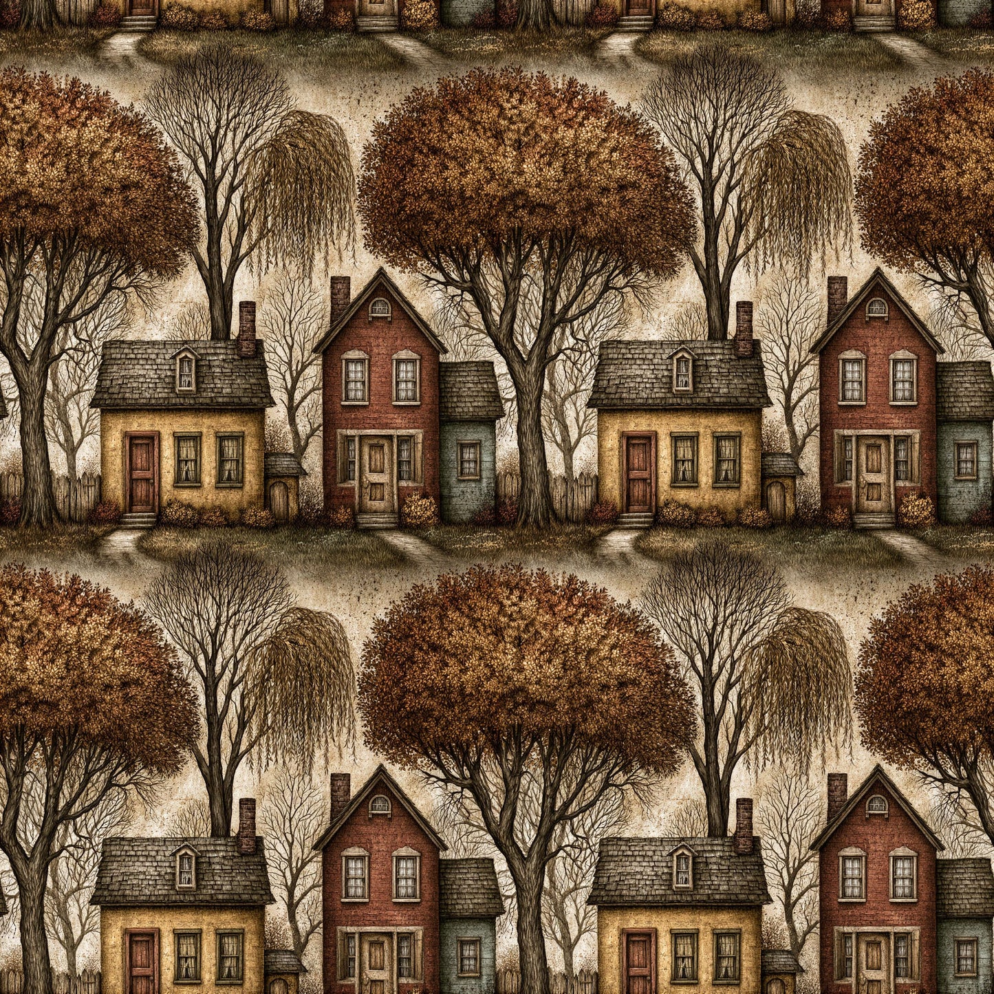 Primitive Folk Art Houses Fabric - Shop now at American Fabric Prints