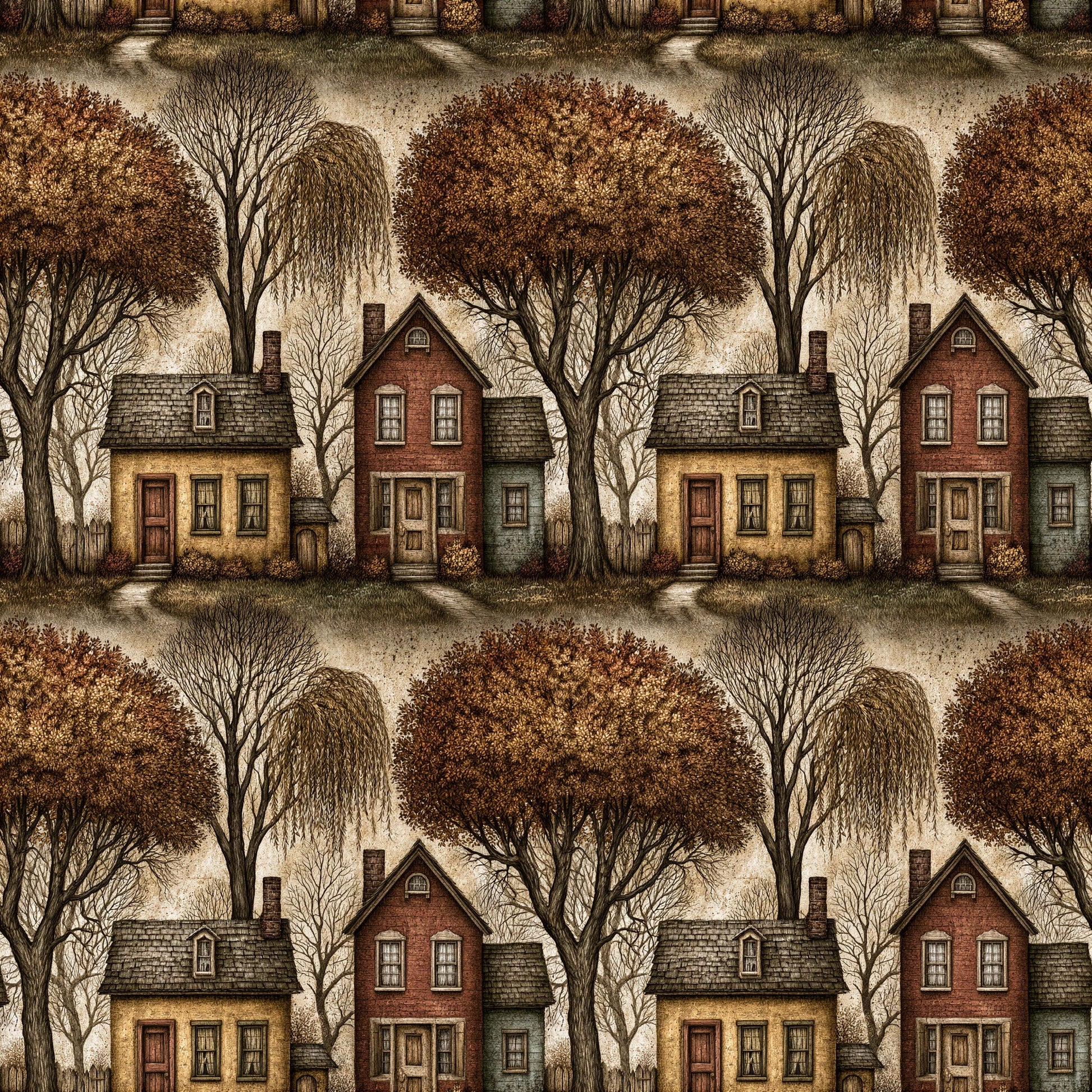 Primitive Folk Art Houses Fabric - Shop now at American Fabric Prints