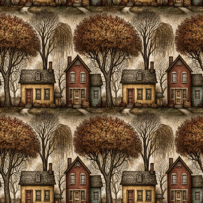 Primitive Folk Art Houses Fabric - Shop now at American Fabric Prints