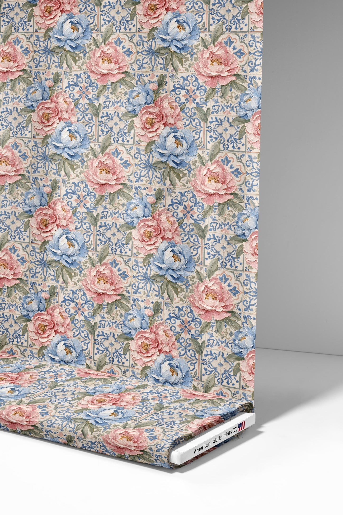 Painted Pink Peony Tiles Fabric - Shop now at American Fabric Prints