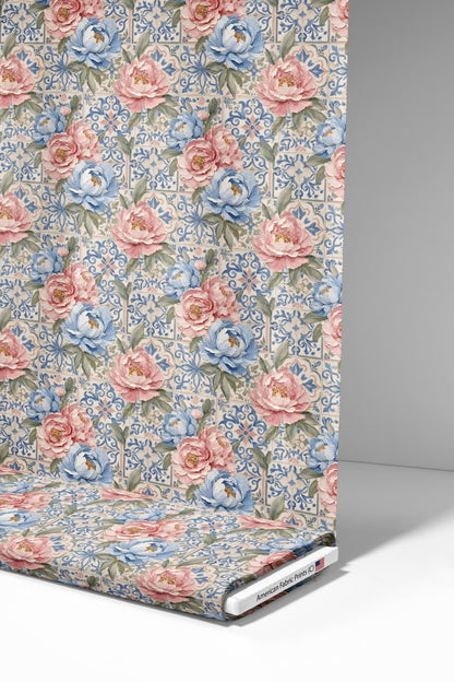 Painted Pink Peony Tiles Fabric - Shop now at American Fabric Prints