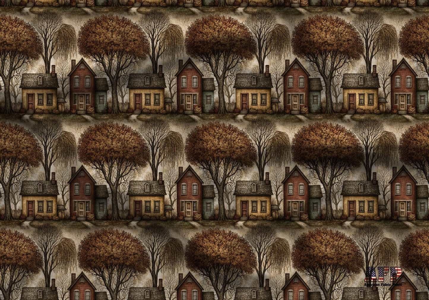 Primitive Folk Art Houses Fabric - Shop now at American Fabric Prints