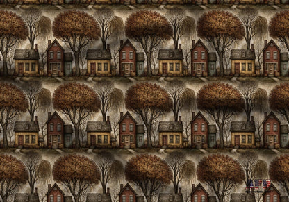 Primitive Folk Art Houses Fabric - Shop now at American Fabric Prints
