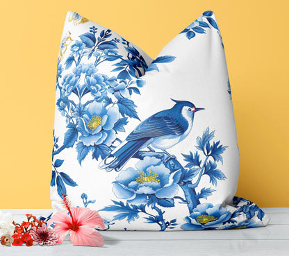 Floral Birds Fabric by the Yard, Blue and Gold Floral Pattern Fabric, Flower Fabric for Curtains, Upholstery, Pillow Covers, Couch Covering