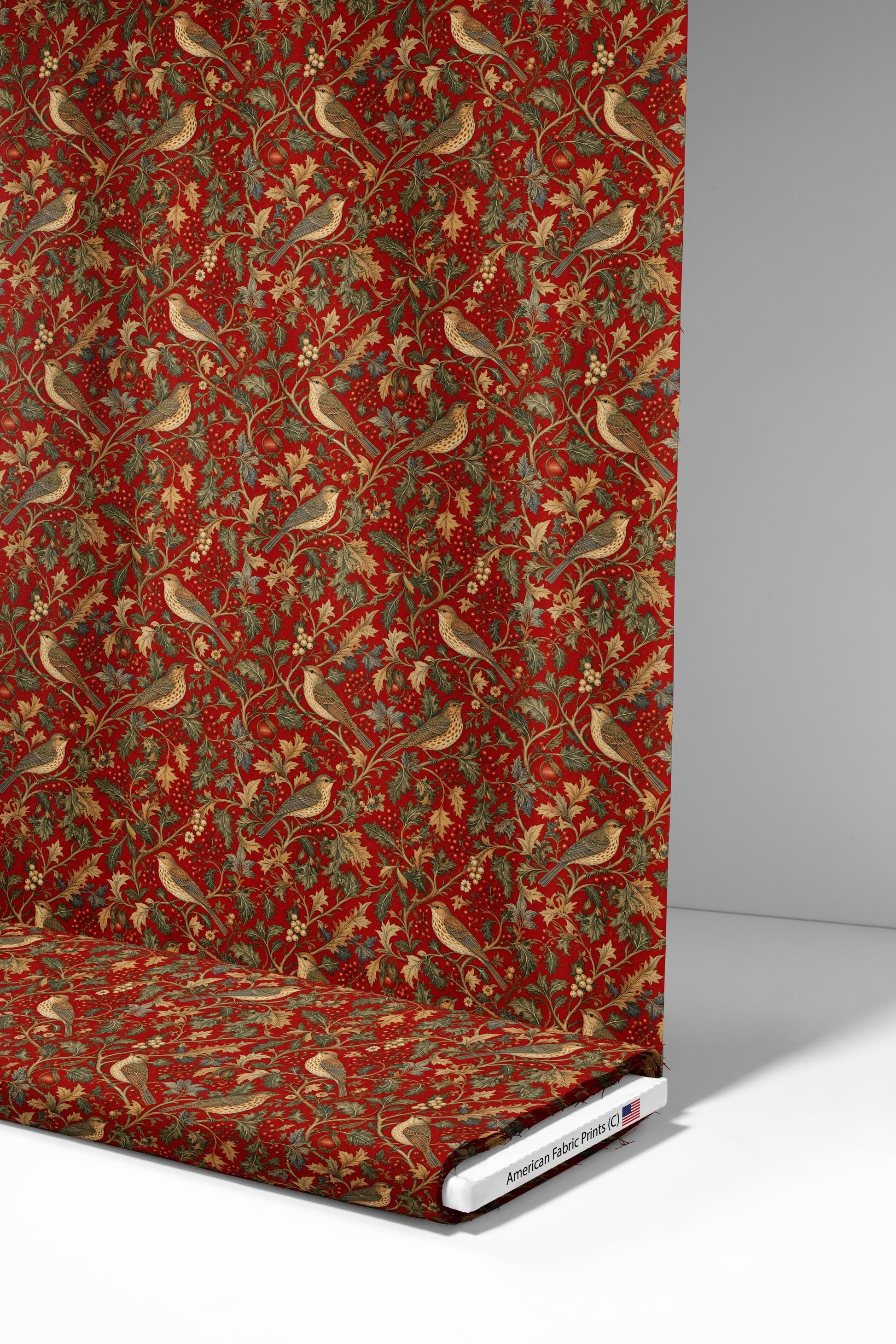 Victorian Holly and Birds Fabric - Shop now at American Fabric Prints