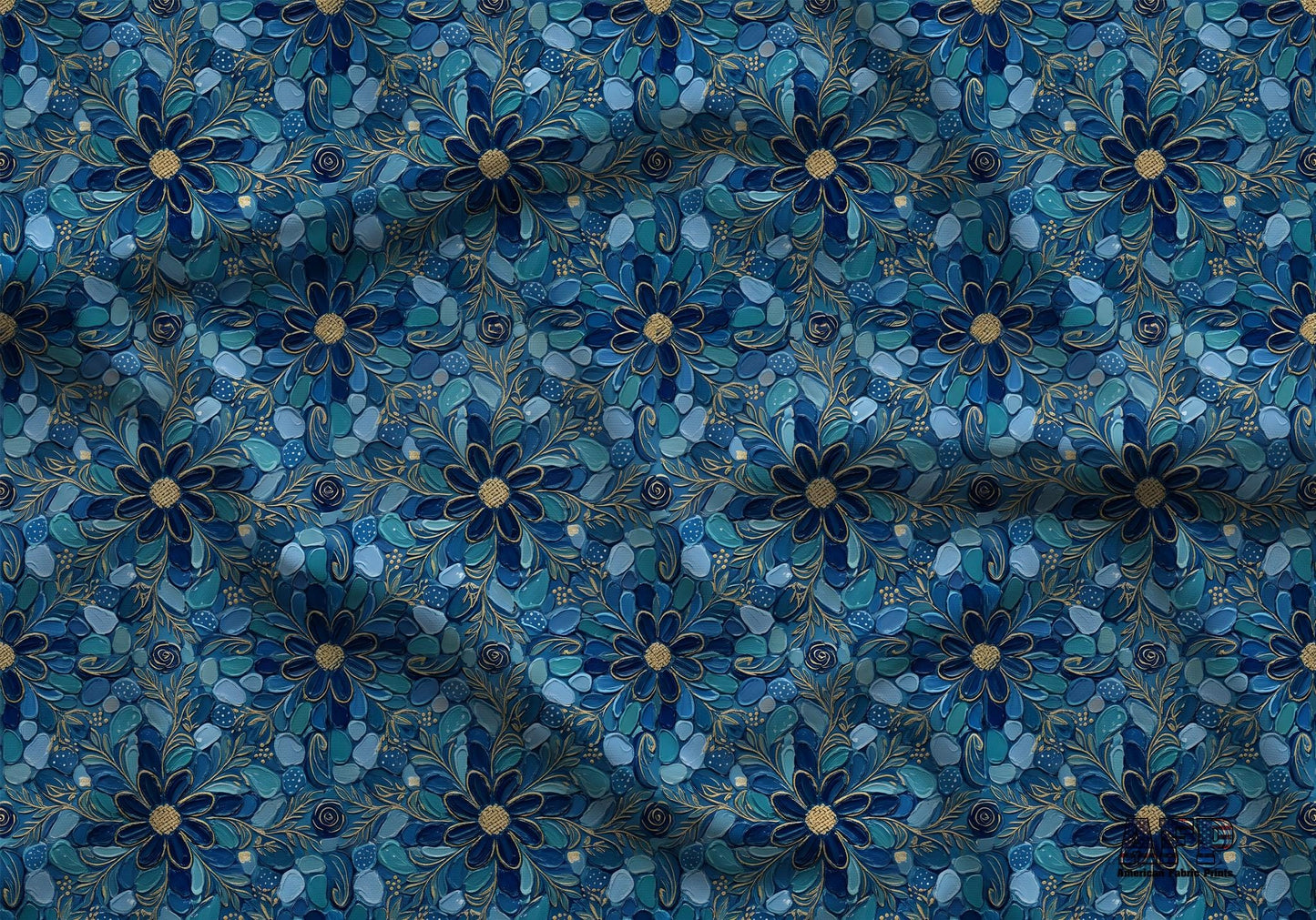 Blue Gold Mosaic Floral Fabric - Shop now at American Fabric Prints