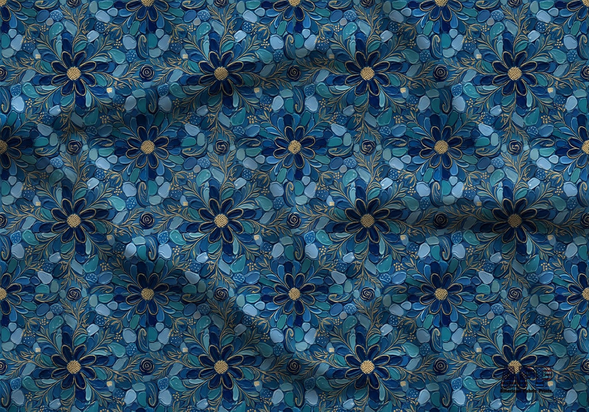 Blue Gold Mosaic Floral Fabric - Shop now at American Fabric Prints