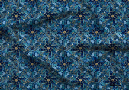 Blue Gold Mosaic Floral Fabric - Shop now at American Fabric Prints