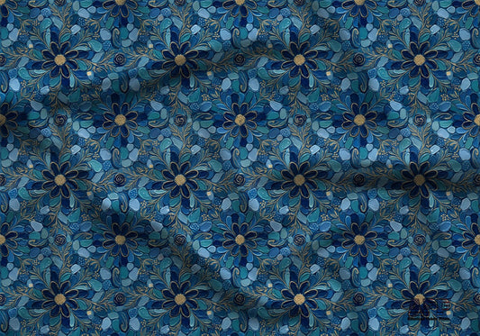 Blue Gold Mosaic Floral Fabric - Shop now at American Fabric Prints