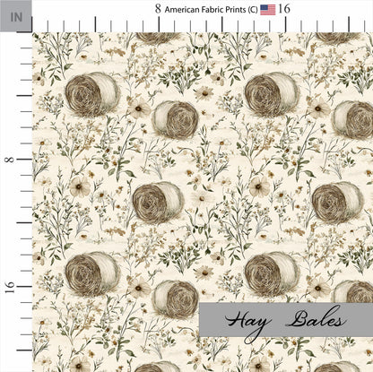 Hay bales and florals gender neutral farmhouse fabric. Made in the USA. Shop now at American Fabric Prints.