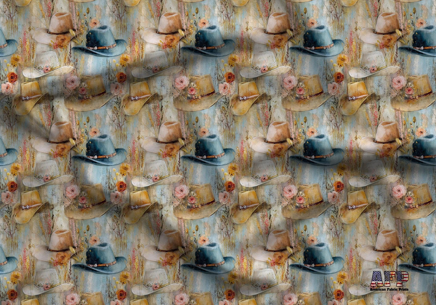 Coquette Cowgirl Painted Hats Fabric - Shop now at American Fabric Prints