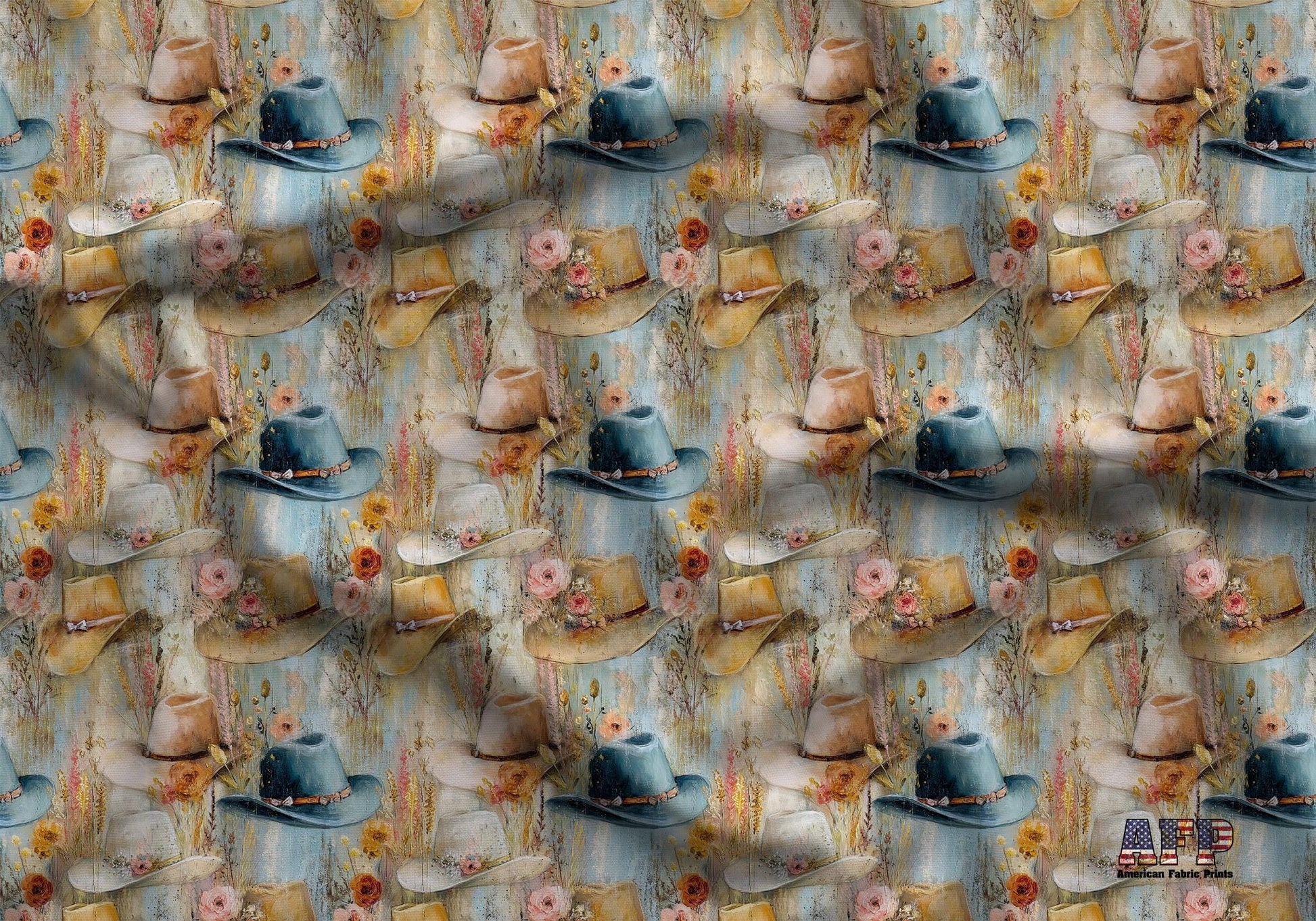 Coquette Cowgirl Painted Hats Fabric - Shop now at American Fabric Prints