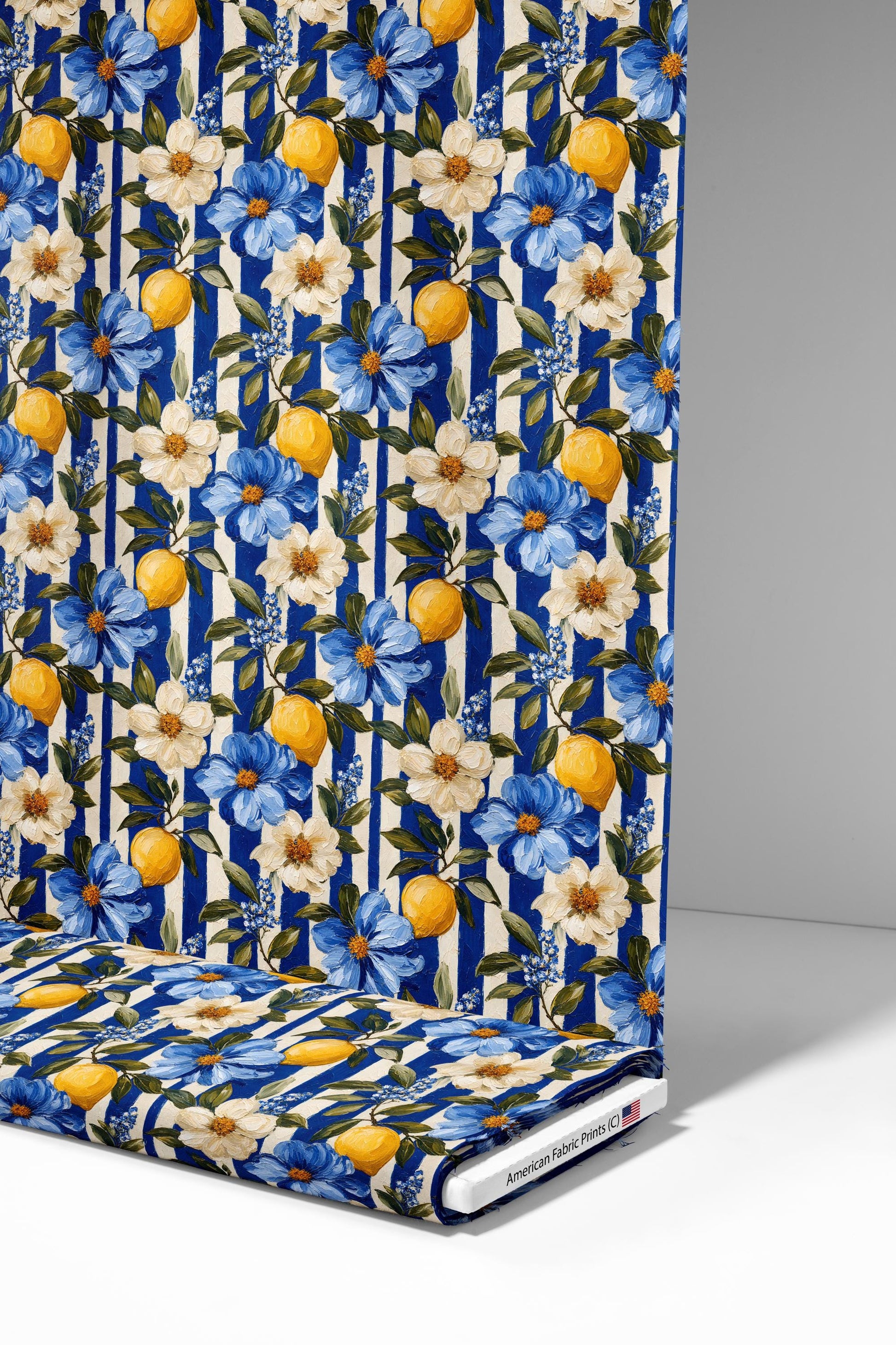 Blue Stripe Floral Lemon Oil Fabric - Shop now at American Fabric Prints