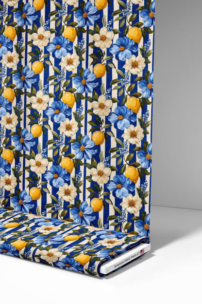 Blue Stripe Floral Lemon Oil Fabric - Shop now at American Fabric Prints