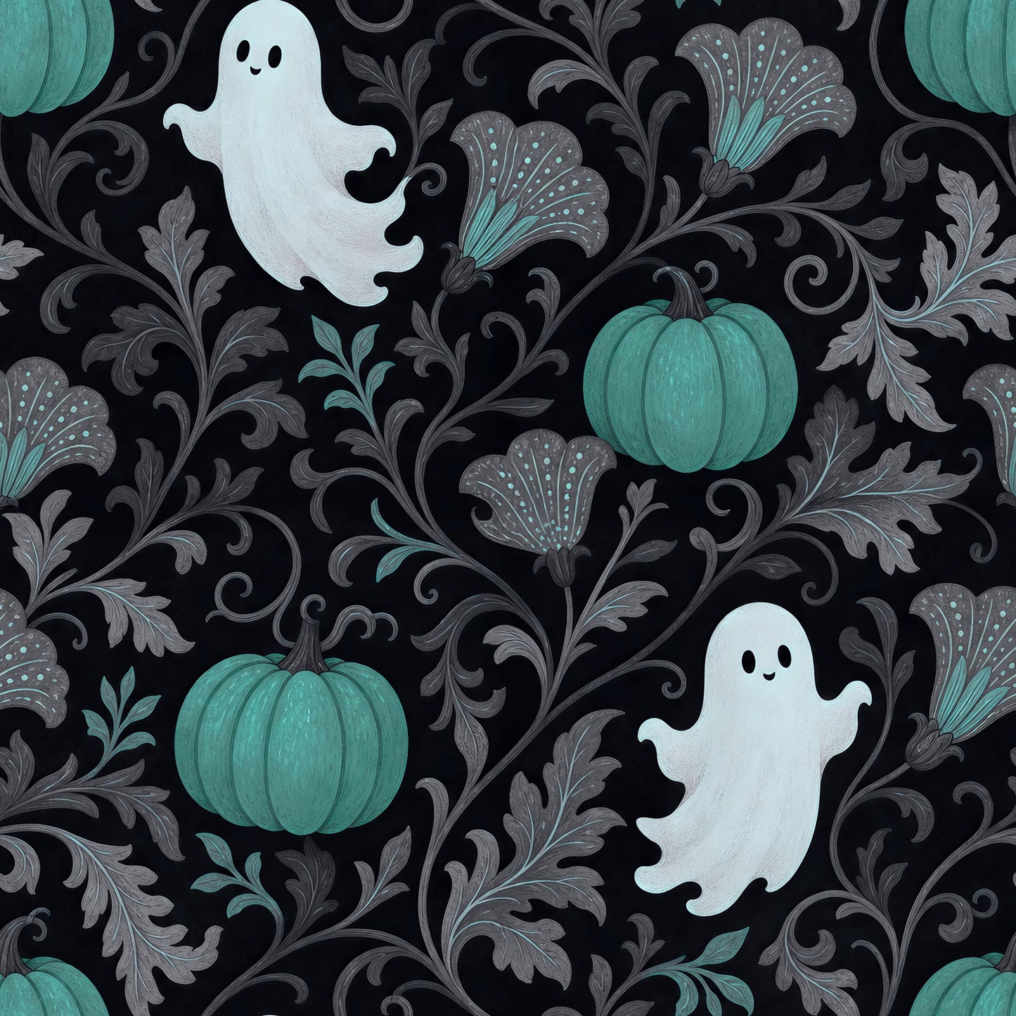 Teal Pumpkins and Ghosts Fabric - Shop now at American Fabric Prints