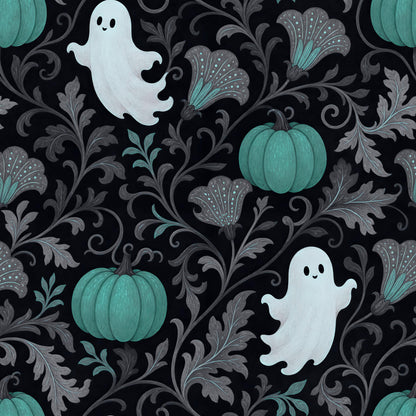 Teal Pumpkins and Ghosts Fabric - Shop now at American Fabric Prints