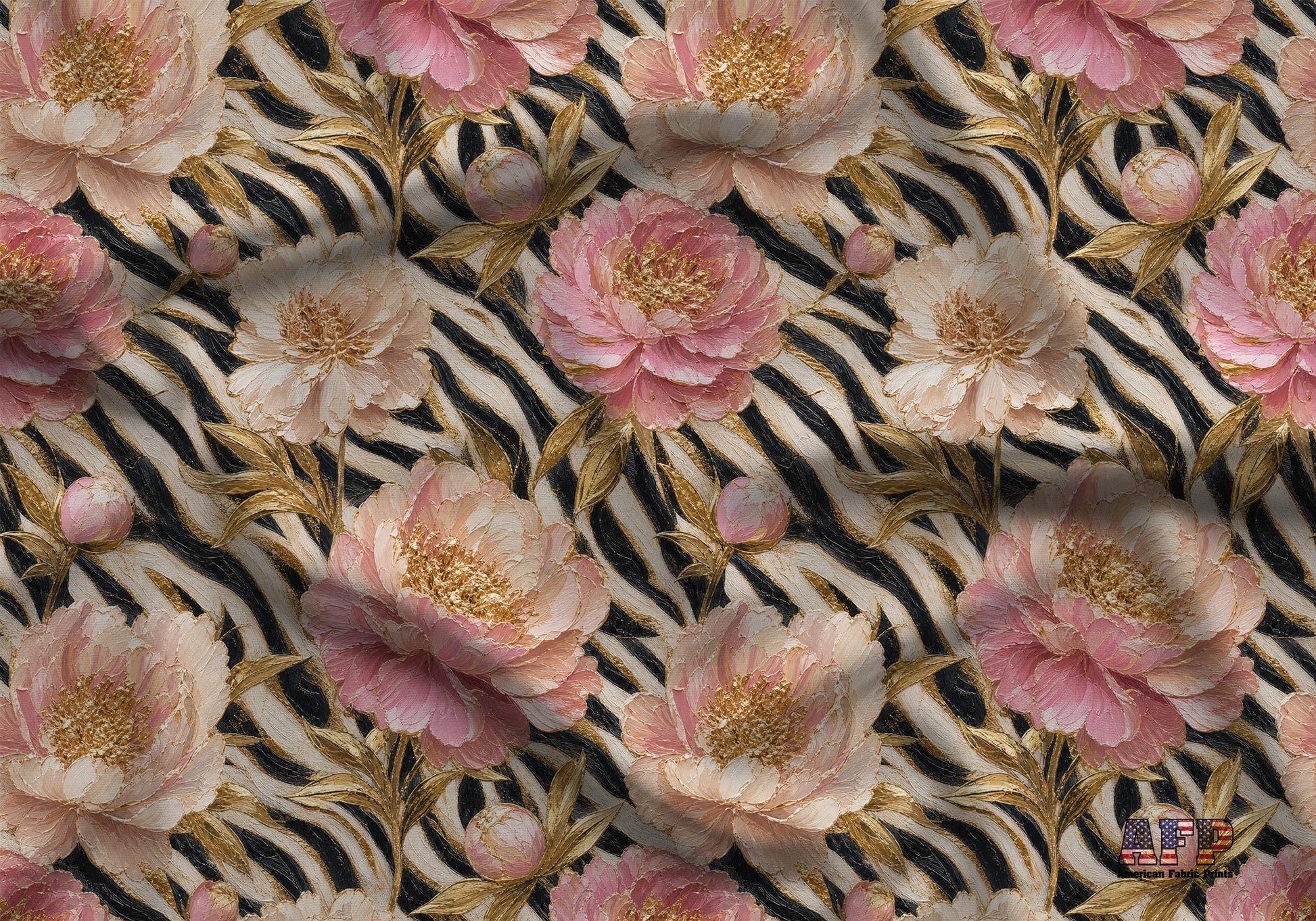 Pink Peony Gold Zebra Fabric - Shop now at American Fabric Prints