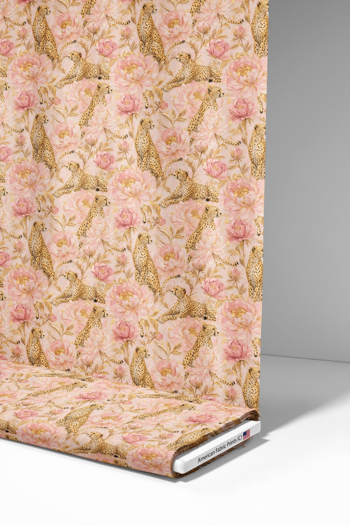 Pink Peony Gold Cheetah Fabric - Shop now at American Fabric Prints