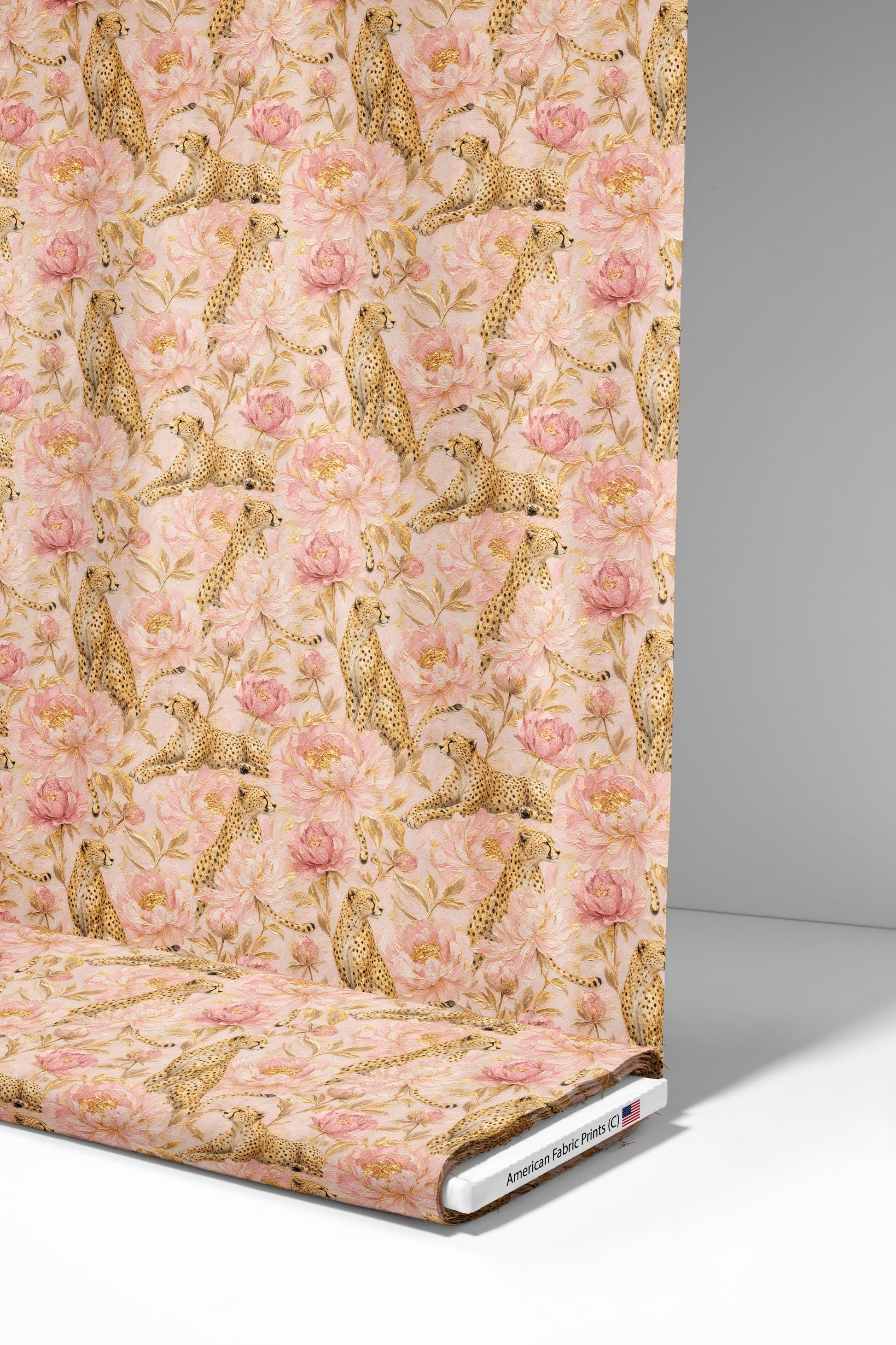Pink Peony Gold Cheetah Fabric - Shop now at American Fabric Prints